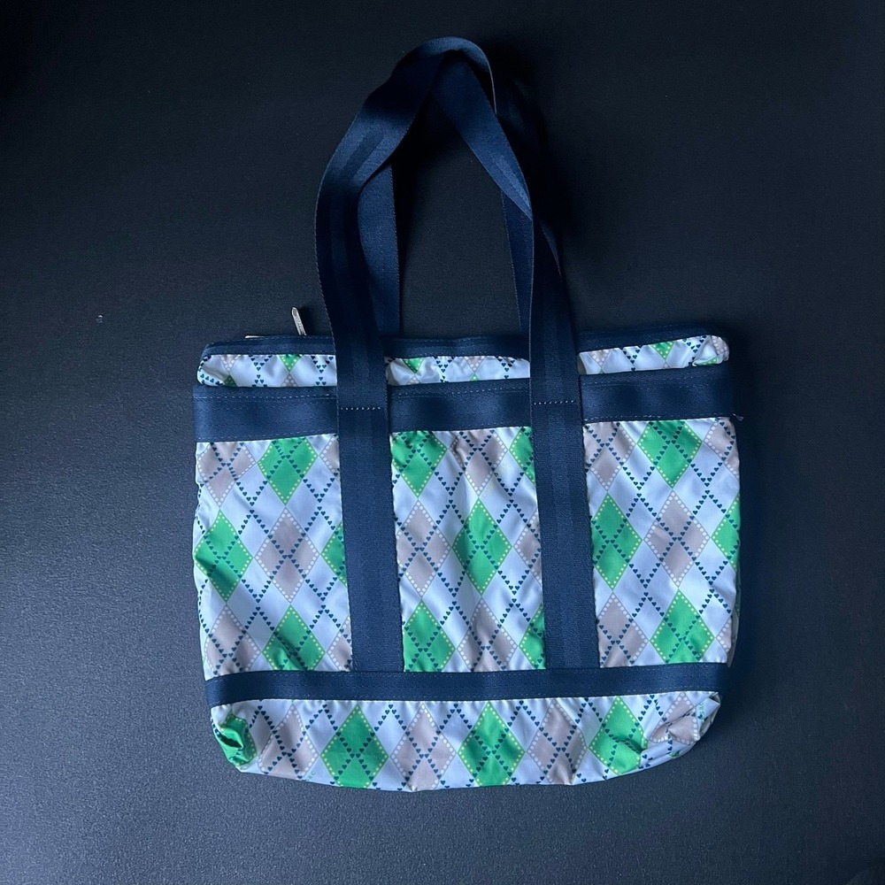 LeSportsac Everygirl Tote Bag Green Argyle Nylon w/ Pouch Preppy Travel School